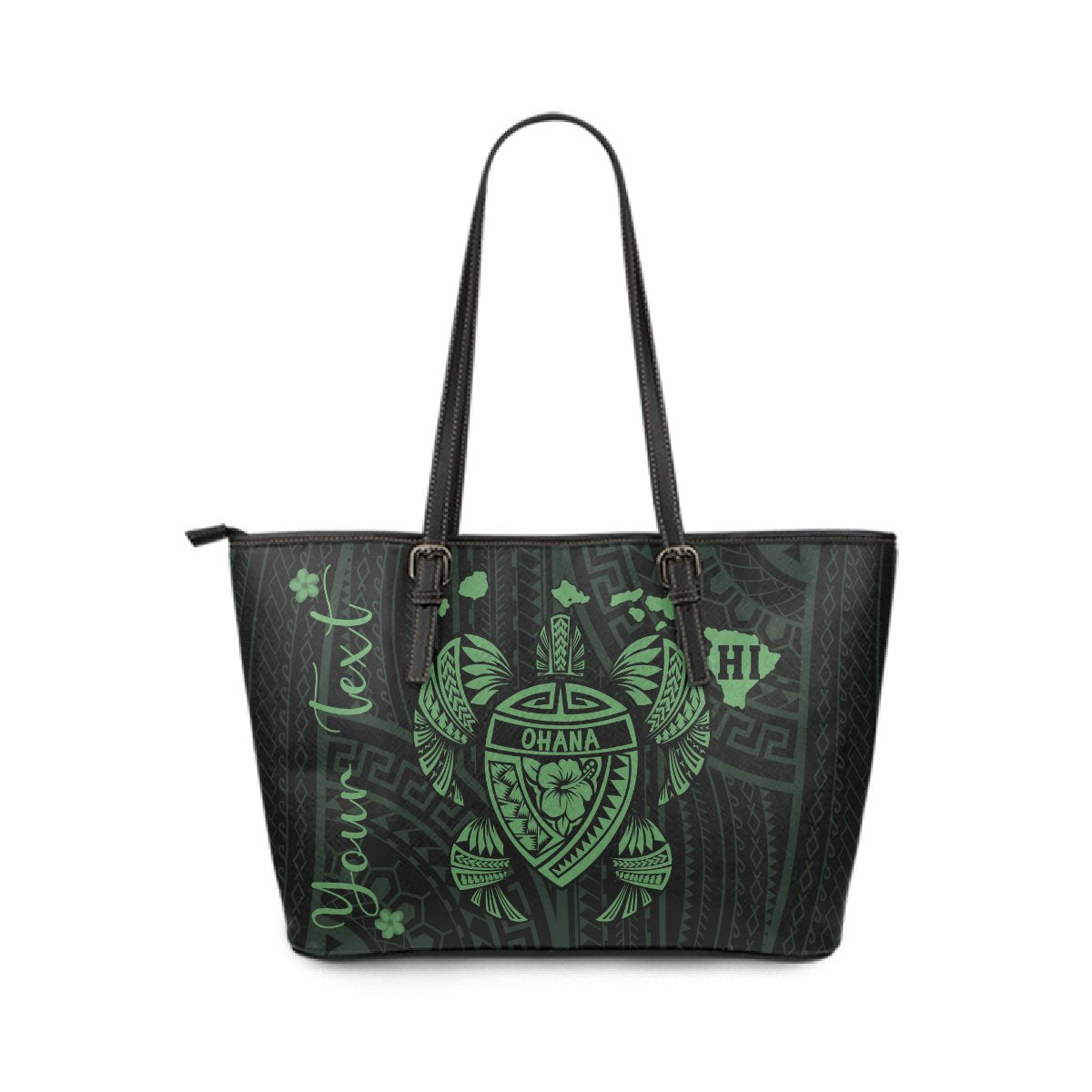 Personalized - Hawaii Kakau Polynesian Turtle Map Small Leather Tote - Green Gold - Polynesian Pride