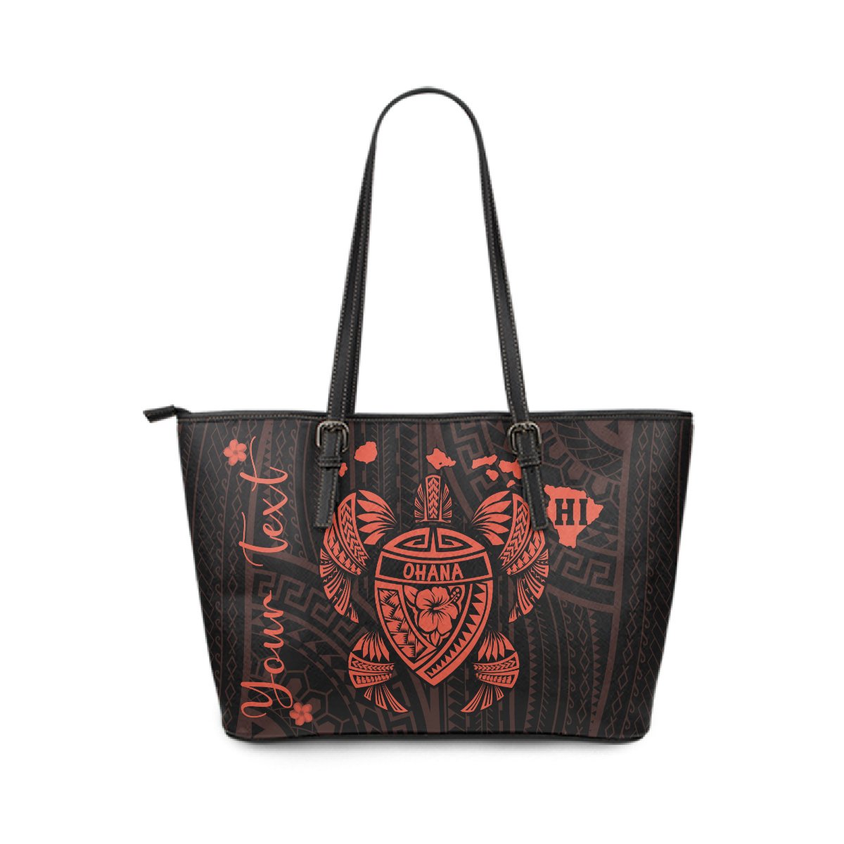 Personalized - Hawaii Kakau Polynesian Turtle Map Small Leather Tote - Orange Gold - Polynesian Pride