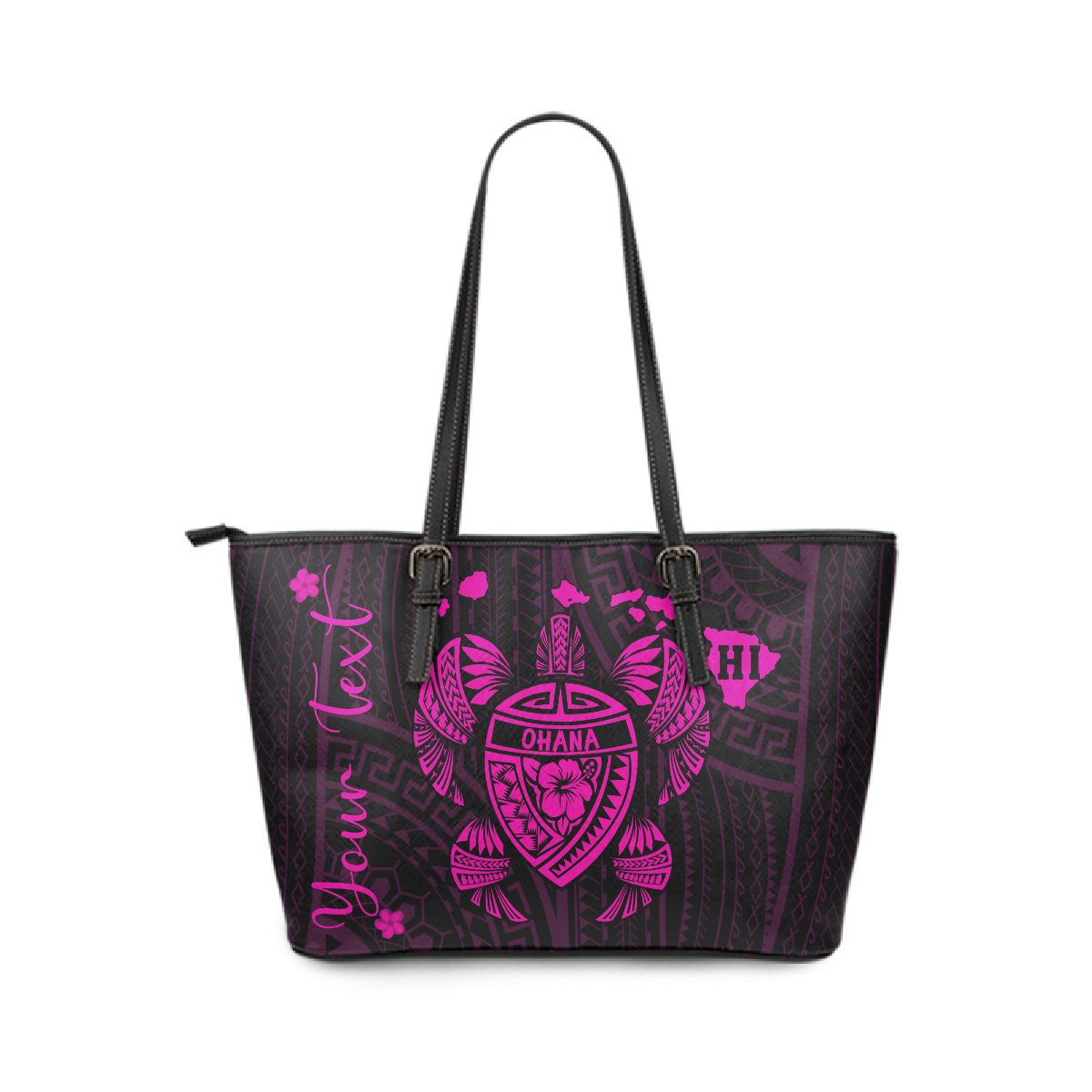 Personalized - Hawaii Kakau Polynesian Ohana Turtle Map Large Leather Tote - Pink Pink - Polynesian Pride