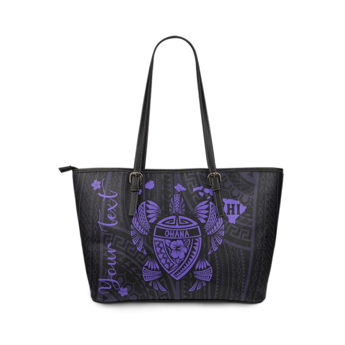 Personalized - Hawaii Kakau Polynesian Ohana Turtle Map Large Leather Tote - Purple Purple - Polynesian Pride