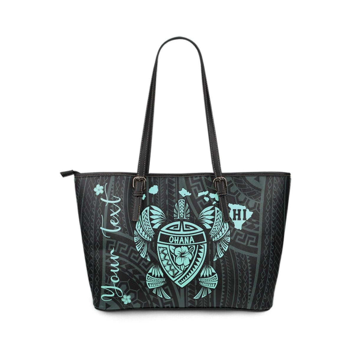 Personalized - Hawaii Kakau Polynesian Ohana Turtle Map Large Leather Tote - Turquoise Turquoise - Polynesian Pride