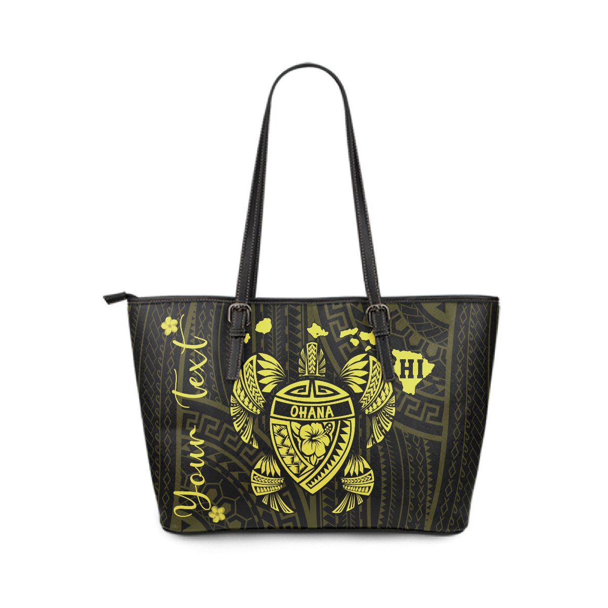 Personalized - Hawaii Kakau Polynesian Turtle Map Small Leather Tote - Yellow Gold - Polynesian Pride