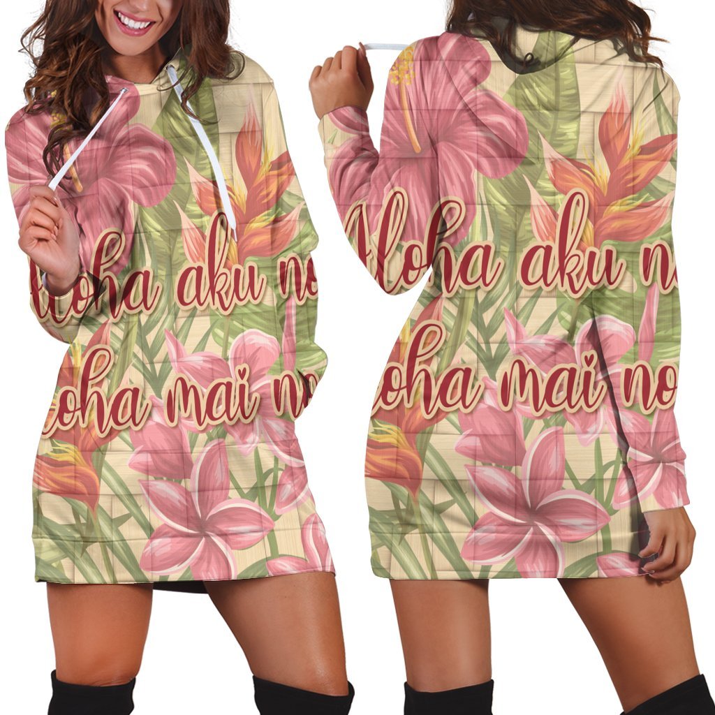 Hawaii Tropical Hibiscus Plumeria Hoodie Dress - AH Black - Polynesian Pride