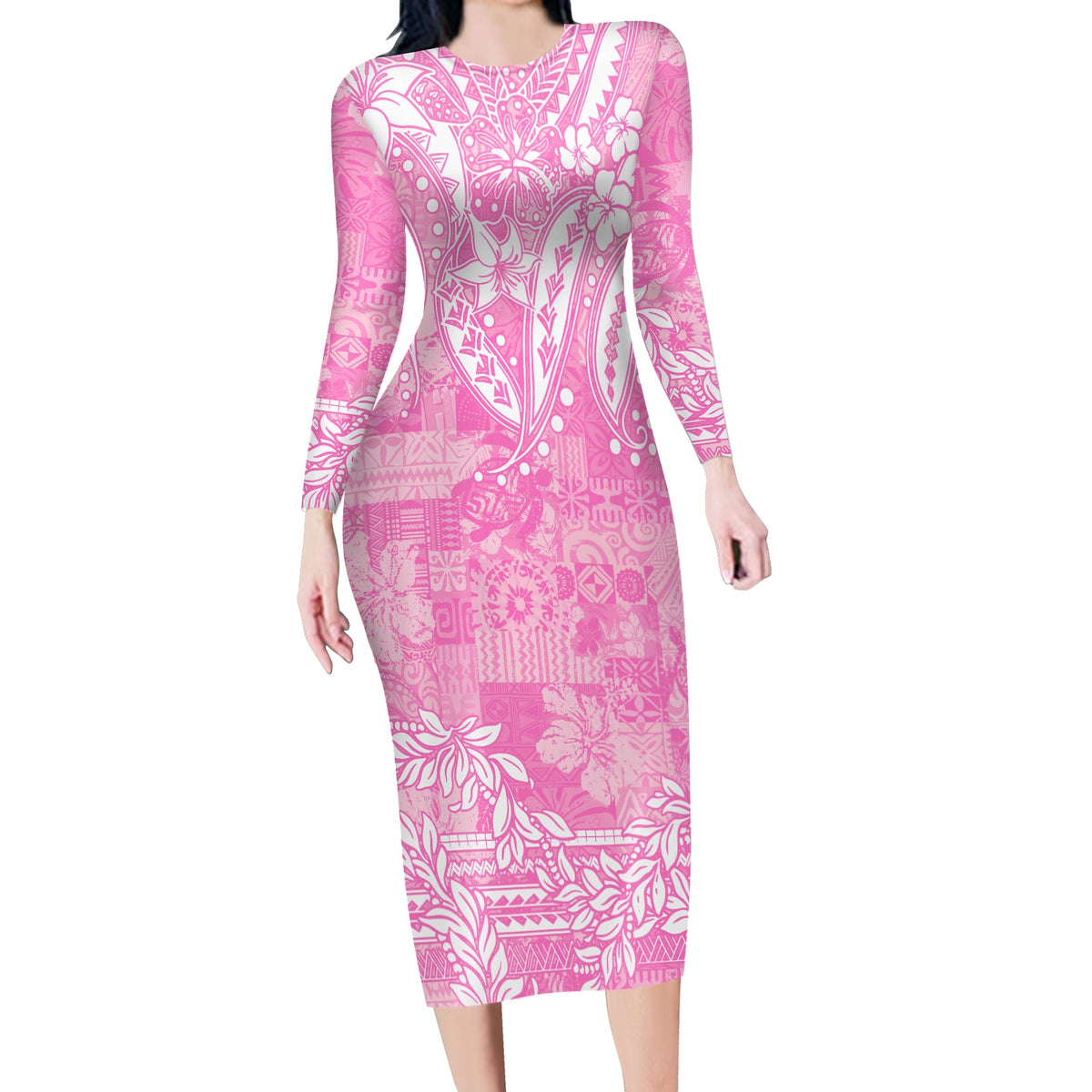 Polynesian Long Sleeves Bodycon Dress Tapa Plumeria Style - Pink LT7 Polyester/spandex Pink - Polynesian Pride