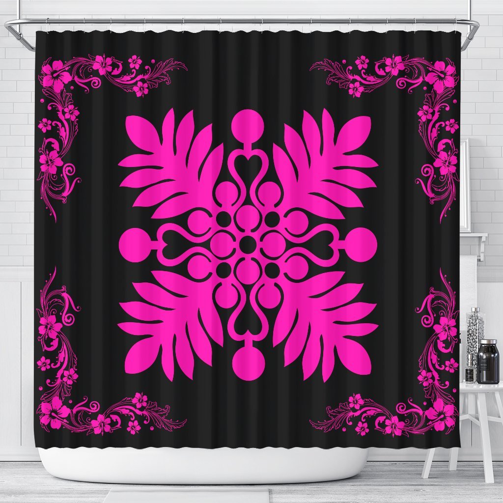 Hawaiian Quilt Maui Plant And Hibiscus Shower Curtain - Pink Black - AH 177 x 172 (cm) Pink - Polynesian Pride