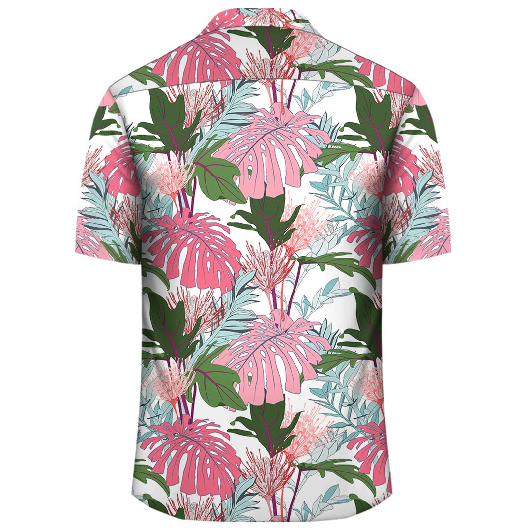 Pink Monstera And Green Tropical Leaves White Hawaiian Shirt - Polynesian Pride