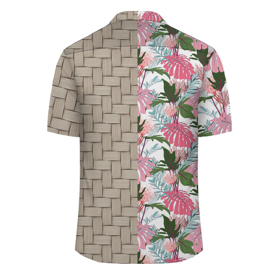 Pink Monstera And Green Tropical Leaves White Lauhala Moiety Hawaiian Shirt - Polynesian Pride