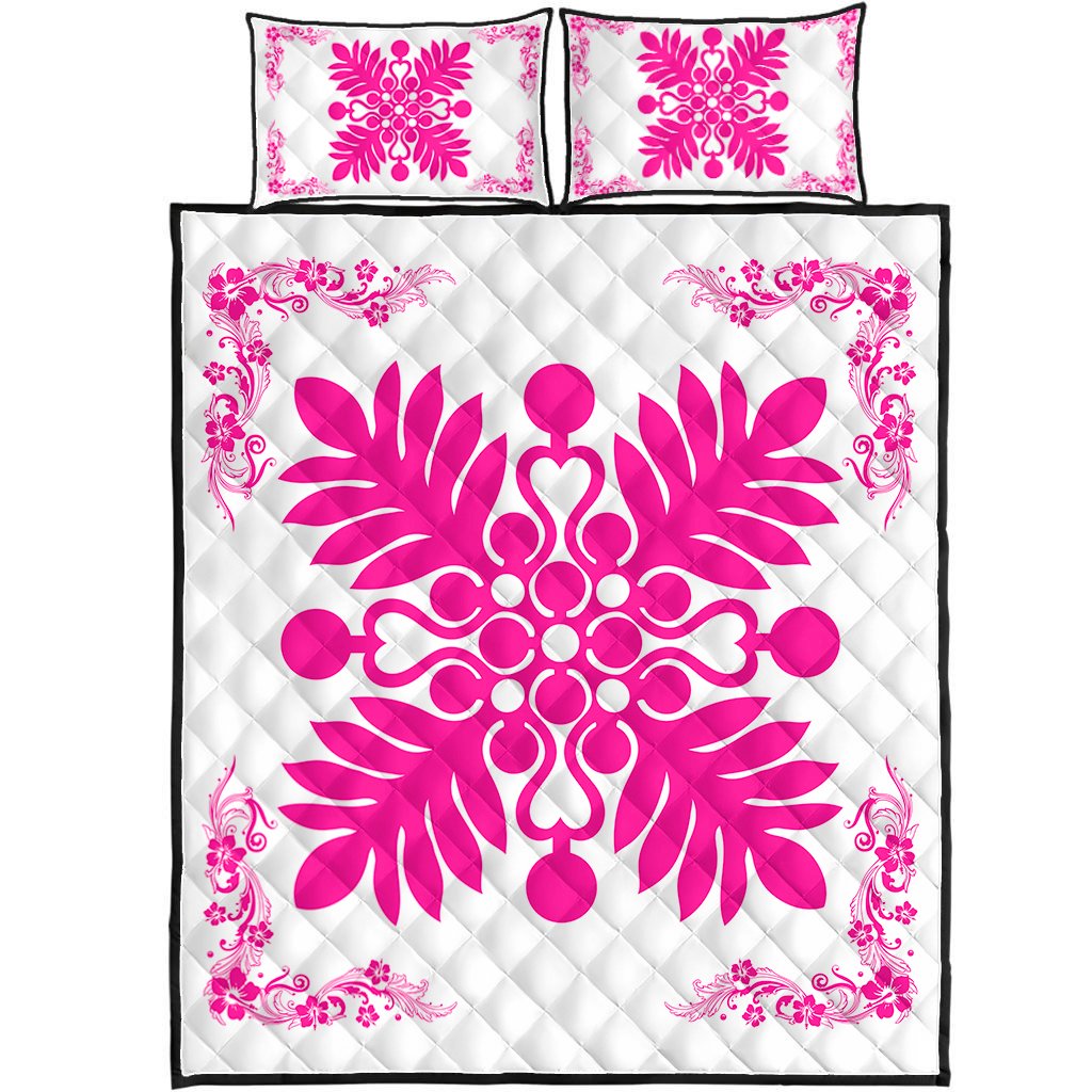 Hawaiian Quilt Maui Plant And Hibiscus Pattern Quilt Bed Set - Pink White - AH Art - Polynesian Pride