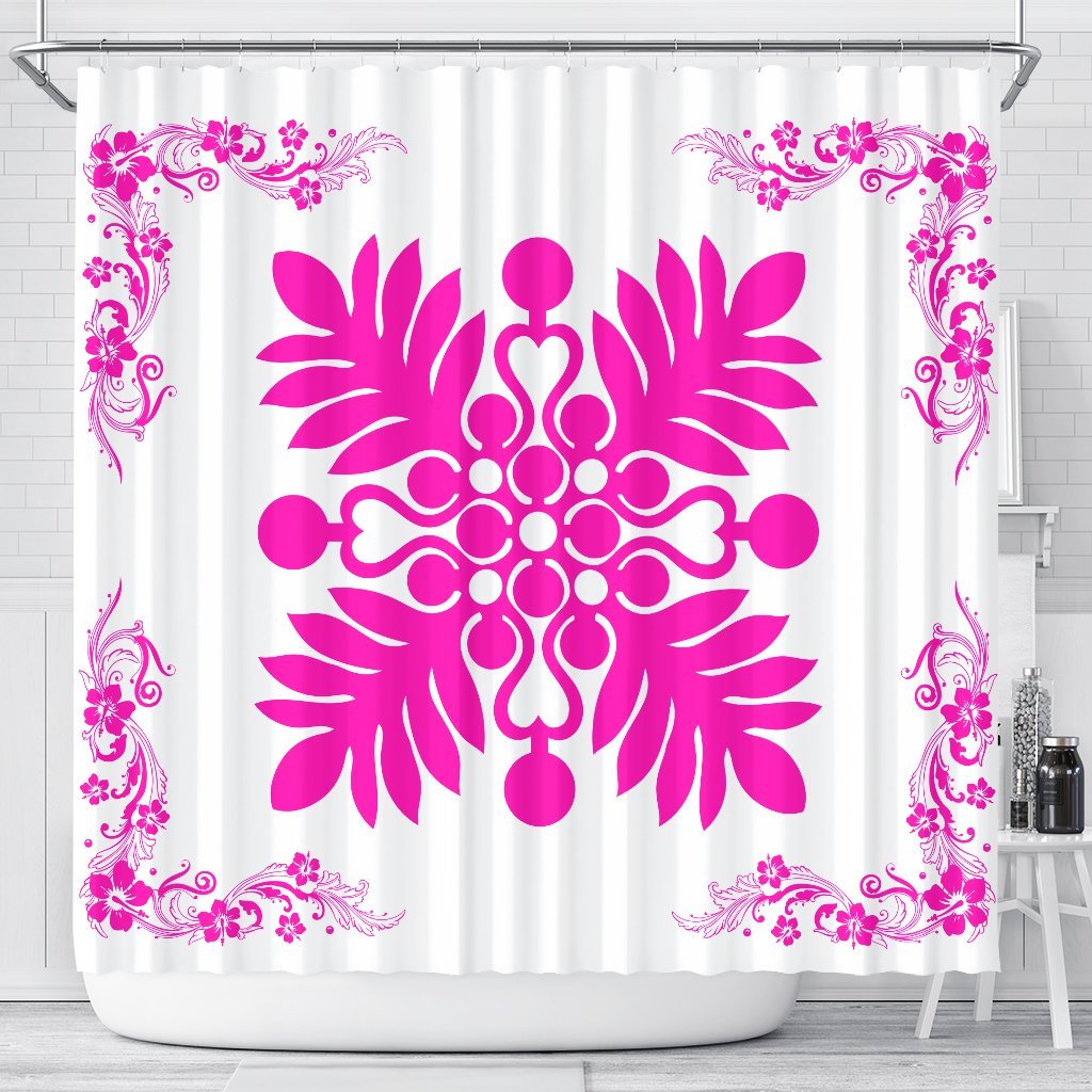 Hawaiian Quilt Maui Plant And Hibiscus Shower Curtain - Pink White - AH 177 x 172 (cm) Pink - Polynesian Pride