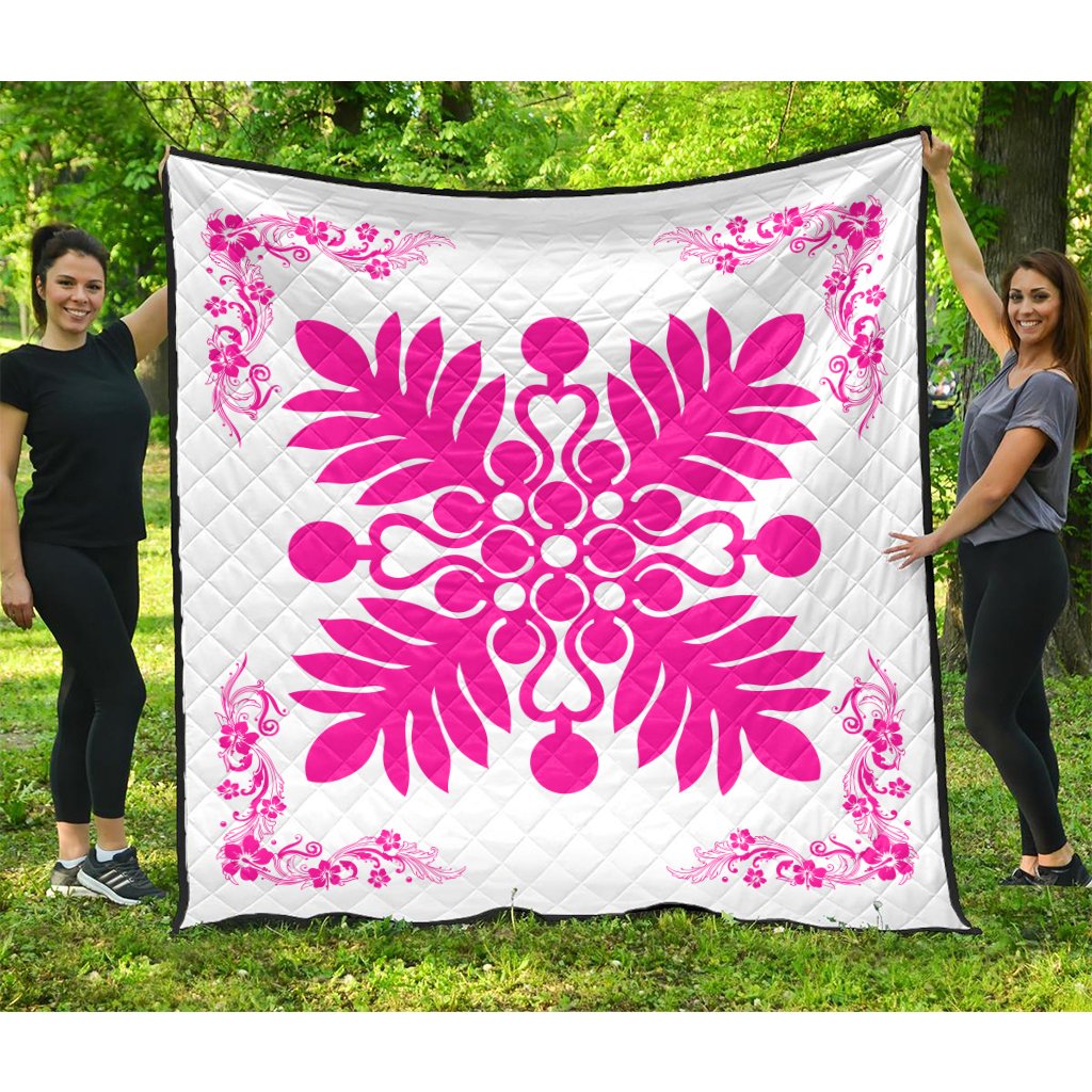 Hawaiian Quilt Maui Plant And Hibiscus Premium Quilt - Pink White - AH Pink - Polynesian Pride