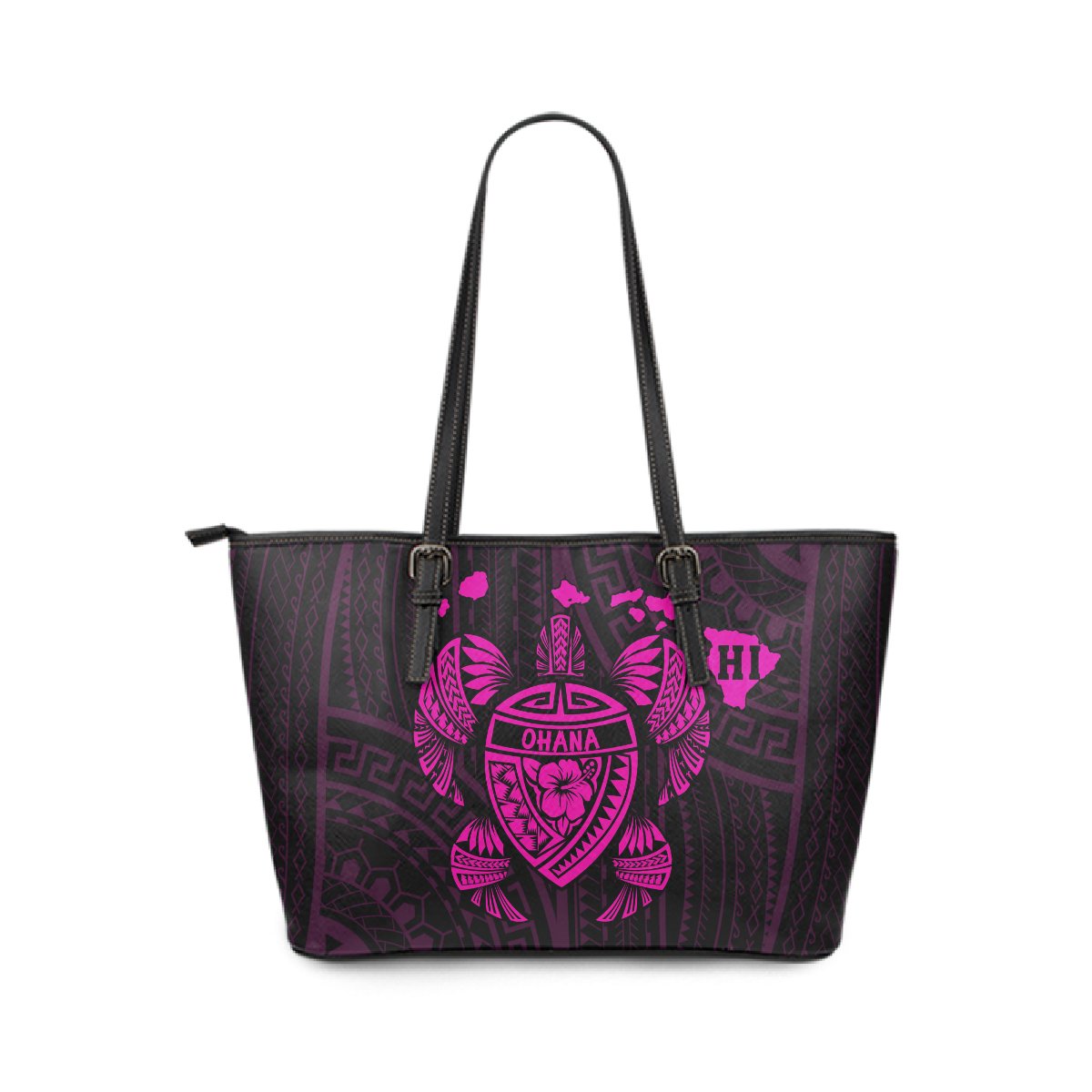 Hawaii Kakau Polynesian Ohana Turtle Map Small Leather Tote - Pink Pink - Polynesian Pride