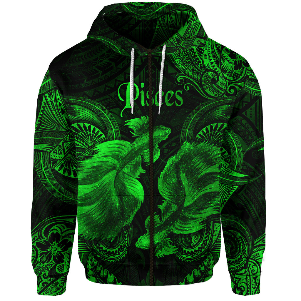 Pisces Zodiac Polynesian Zip Hoodie Unique Style Green LT8 - Polynesian Pride