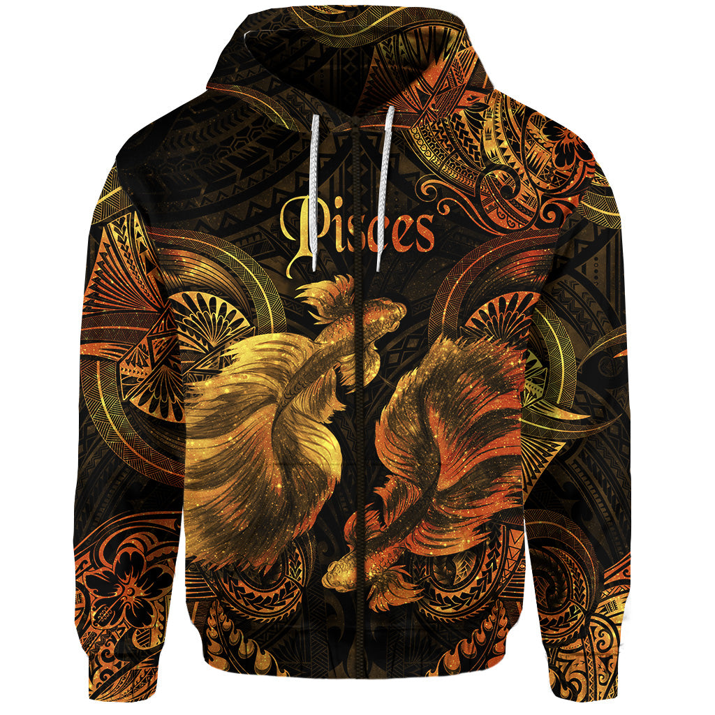 Custom Pisces Zodiac Polynesian Zip Hoodie Unique Style Gold LT8 - Polynesian Pride