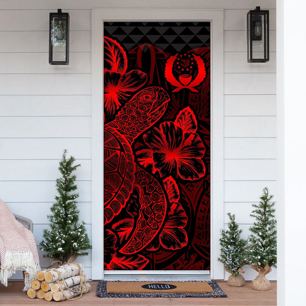 Pohnpei Door Cover Turtle Hibiscus Red - Polynesian Pride