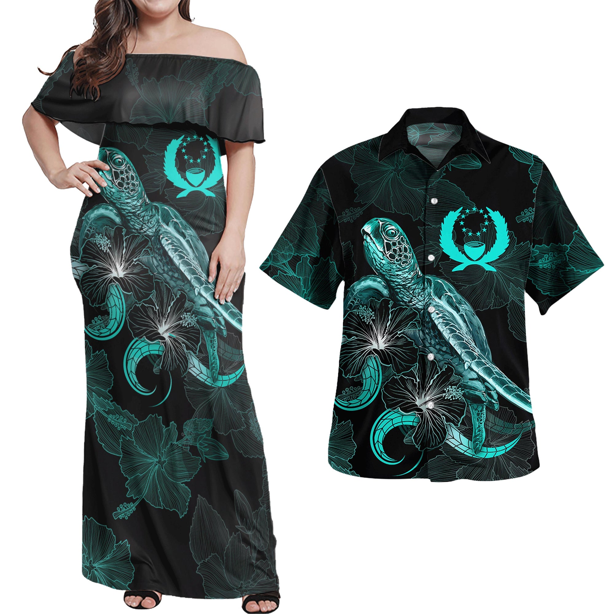 Pohnpei Matching Dress and Hawaiian Shirt Pohnpei Coat Of Arms with with Turtle and Blooming Hibiscus Turquoise Turquoise - Polynesian Pride