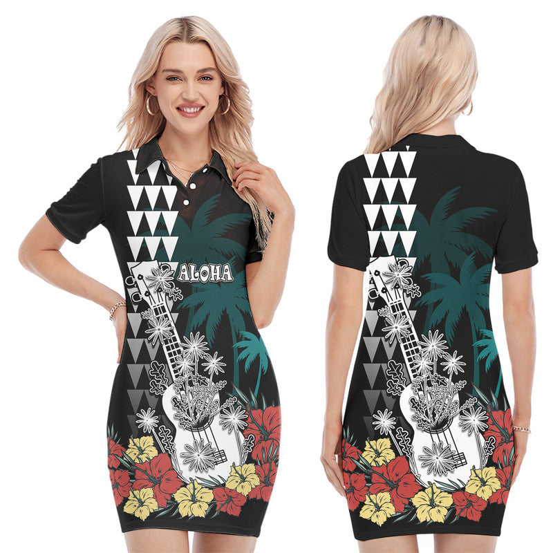 Hawaii Ukulele Mix Hibiscus and Coconut Tree Polo Dress Aloha Vintage Black Version LT9 Black - Polynesian Pride