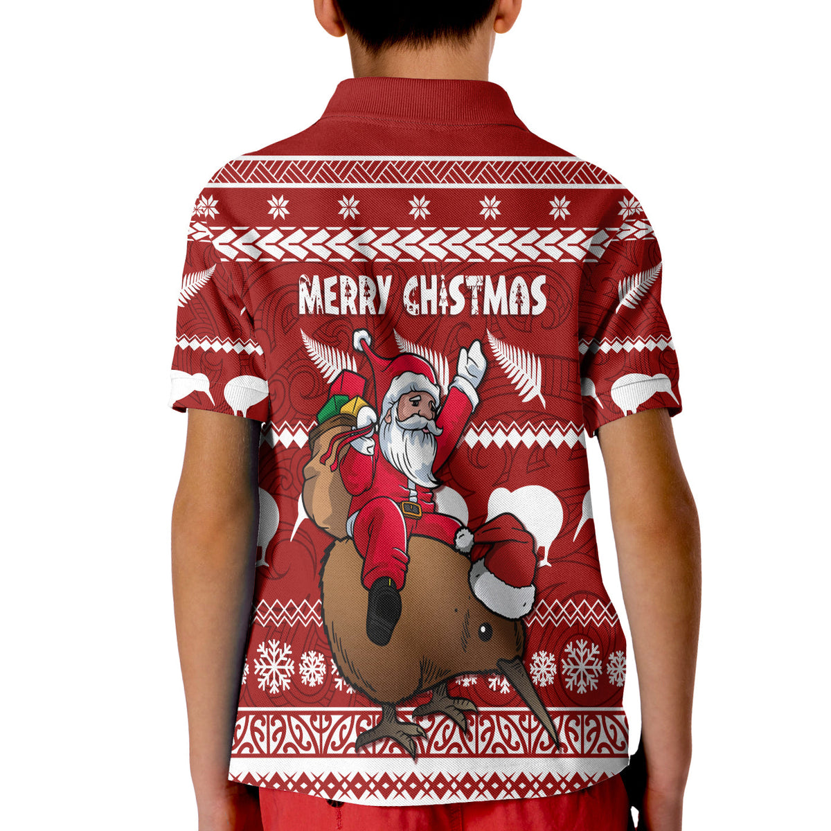 New Zealand Xmas Polo Shirt KID Mere Kirihimete - Santa With Kiwi Bird LT7 - Polynesian Pride