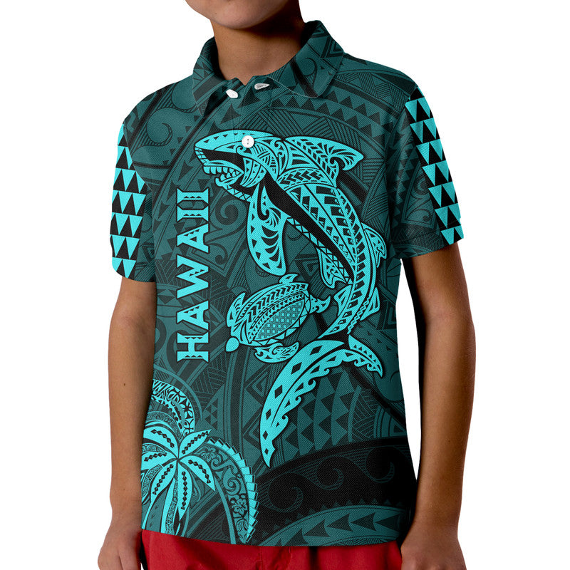 Hawaii Polo Shirt Shark and Turtle Mix Kakau Turquoise LT9 - Polynesian Pride