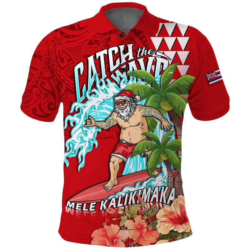 Hawaii Mele Kalikimaka Polo Shirt Santa Claus Surfing Xmas Time LT9 Red - Polynesian Pride