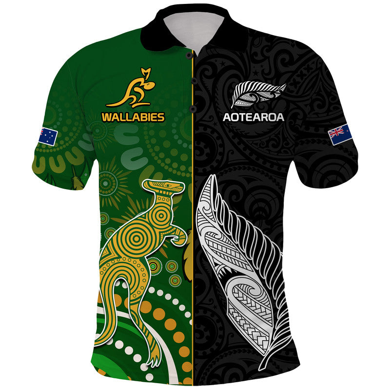 Aotearoa Rugby All Black Combine Australia Wallabies Polo Shirt Aboriginal Kangaroo and Maori Fern LT9 Black - Polynesian Pride