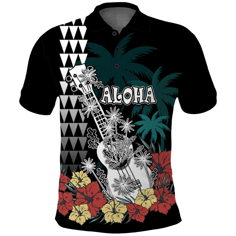 Hawaii Ukulele Mix Hibiscus and Coconut Tree Polo Shirt Aloha Vintage Black Version LT9 Black - Polynesian Pride