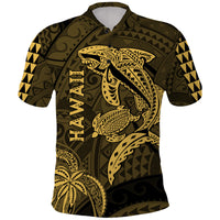 Hawaii Polo Shirt Shark and Turtle Mix Kakau Gold LT9 Gold - Polynesian Pride