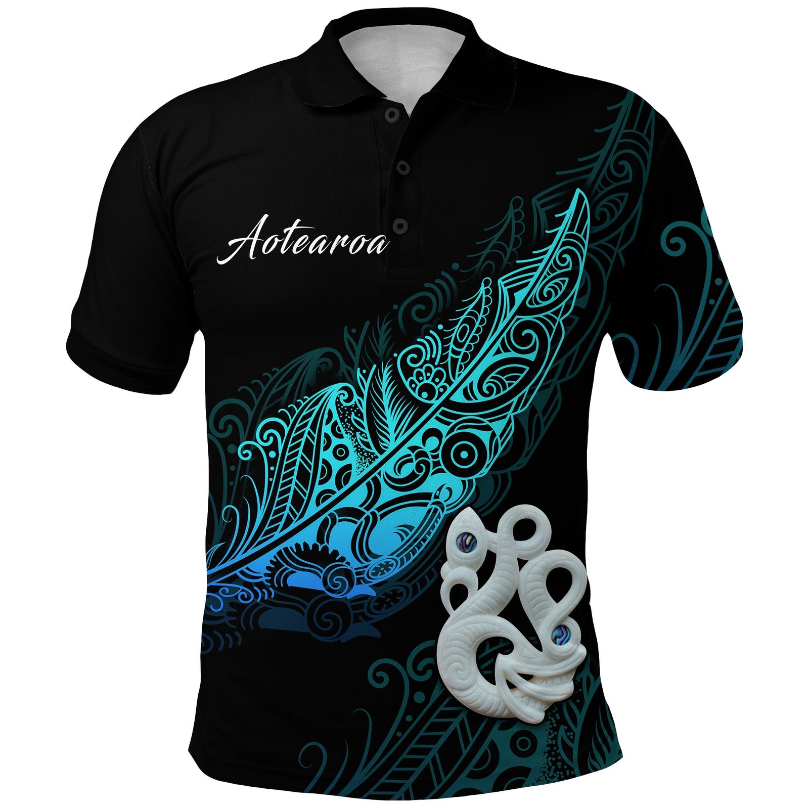 Aotearoa Polo Shirt Fern Mix Manaia Matau LT13 Unisex Blue - Polynesian Pride
