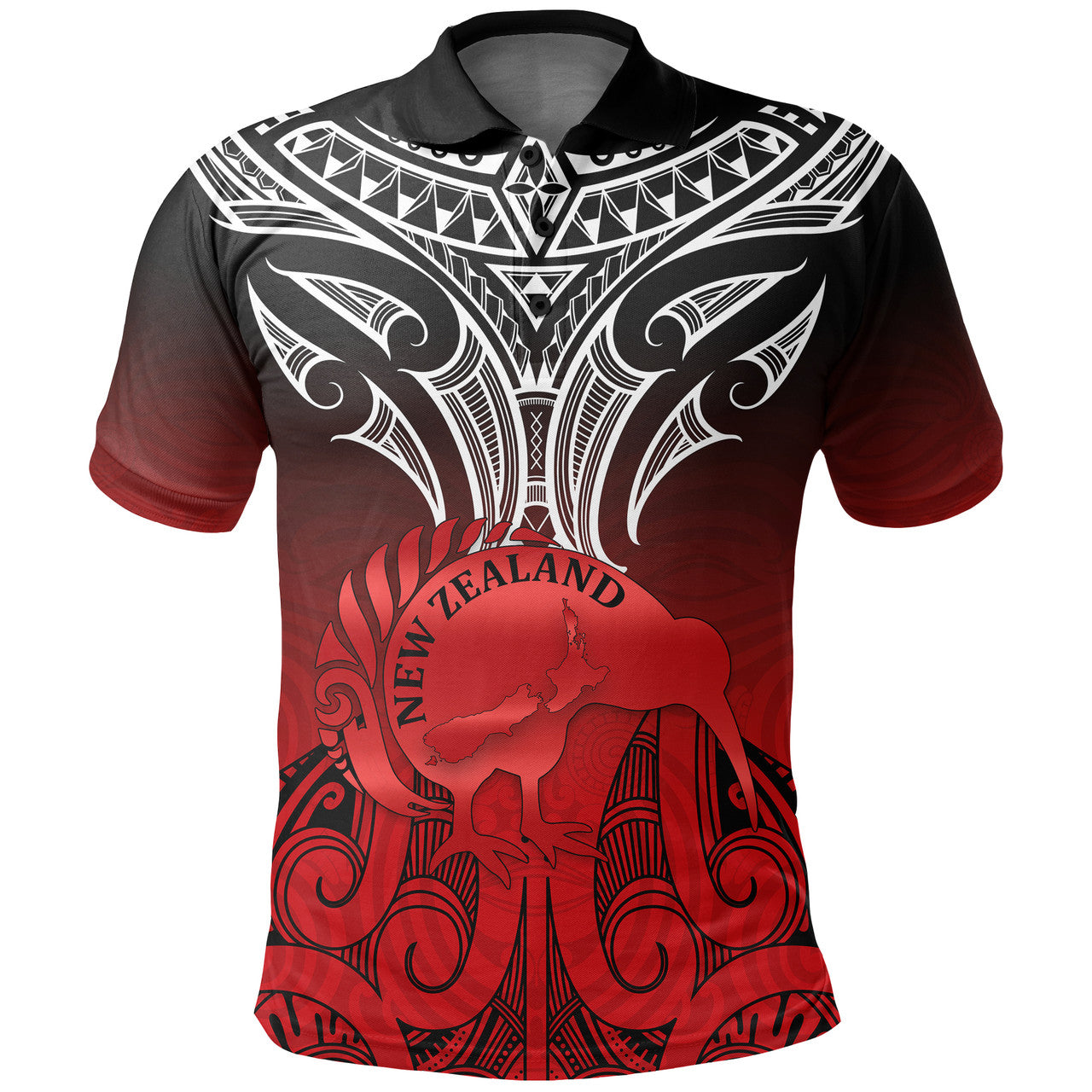 New Zealand Polo Shirt Maori Kiwi Bird Symbols Map Unisex Red - Polynesian Pride