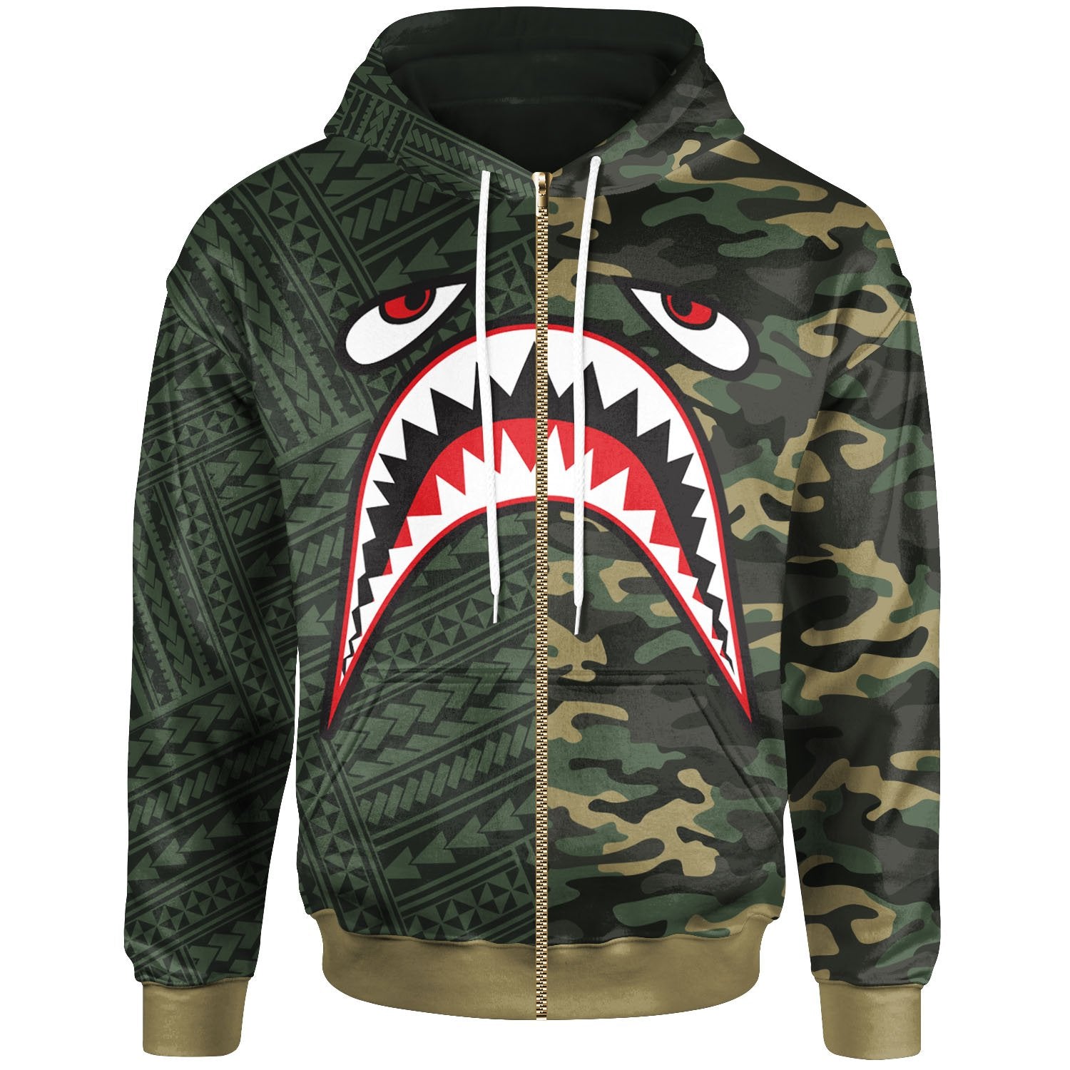 Polynesian Special Zip Hoodie Shark Cartoon In Camo Syle Unisex camo - Polynesian Pride