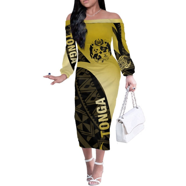 Polynesian Pride Polyensian Tonga Coat Of Arms Women Off Shoulder Long Sleeve Yellow Color Women Yellow - Polynesian Pride