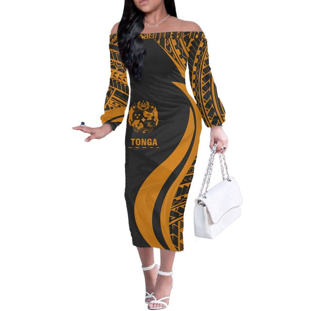 Polynesian Pride Tonga Polyensian Tribal Women Off Shoulder Long Sleeve Yellow Color Women Yellow - Polynesian Pride