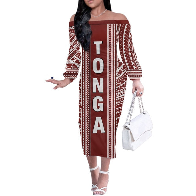 Polynesian Pride Tonga Tribal Polynesian Women Off Shoulder Long Sleeve Red Colorful Color Women Blue - Polynesian Pride