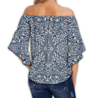 Polynesian Culture Blue White Hawaii Women's Off Shoulder Wrap Waist Top - Polynesian Pride