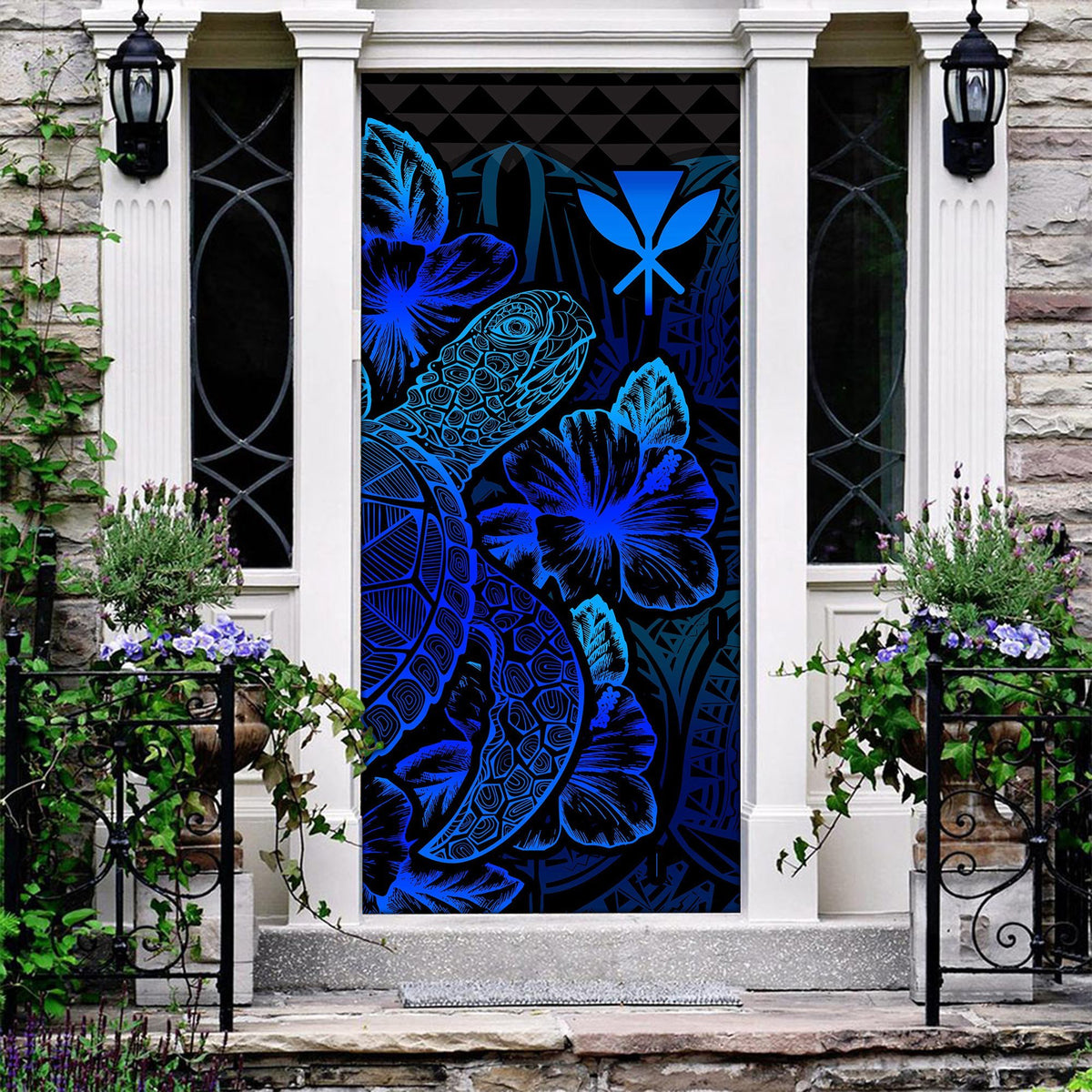 Polynesian Hawaii Door Cover Turtle Hibiscus Blue Blue - Polynesian Pride