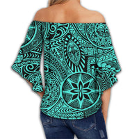 Polynesian Hawaiian Style Tribal Tattoo Turquoise Hawaii Women's Off Shoulder Wrap Waist Top - Polynesian Pride