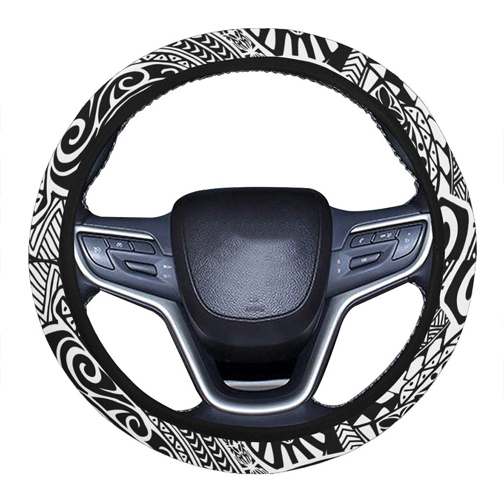 Polynesian Hawaiian Style Tribal Tattoo White Hawaii Steering Wheel Cover with Elastic Edge One Size White Steering Wheel Cover - Polynesian Pride