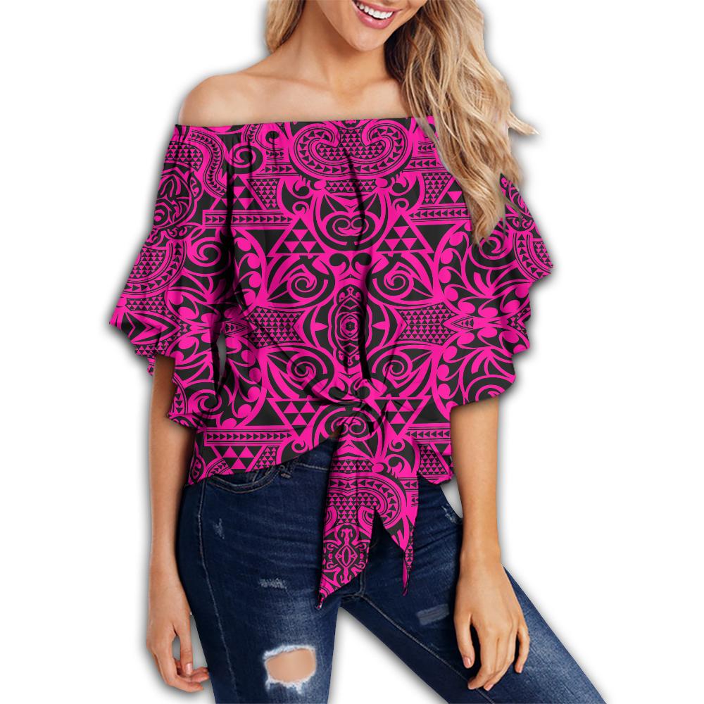 Polynesian Kakau Turtle Pink Hawaii Women's Off Shoulder Wrap Waist Top Pink Female - Polynesian Pride