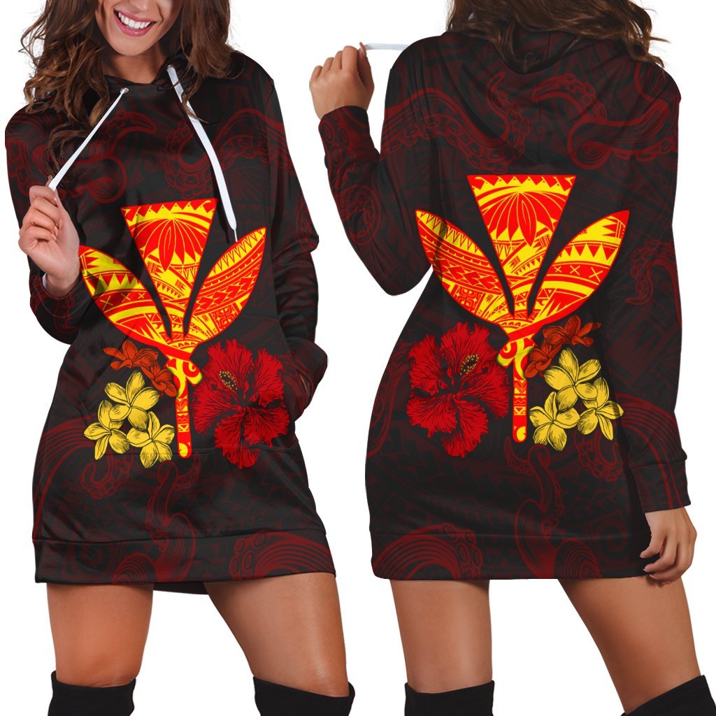 Polynesian Kanaka Maoli Flower Hoodie Dress AH Black - Polynesian Pride