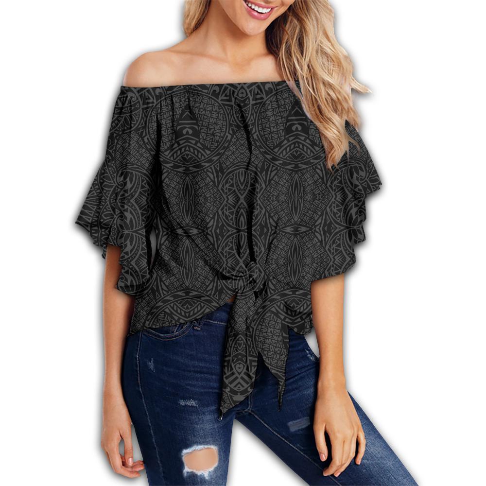 Polynesian Lauhala Mix Gray Hawaii Women's Off Shoulder Wrap Waist Top Gray Female - Polynesian Pride