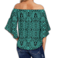 Polynesian Lauhala Mix Turquoise Hawaii Women's Off Shoulder Wrap Waist Top - Polynesian Pride