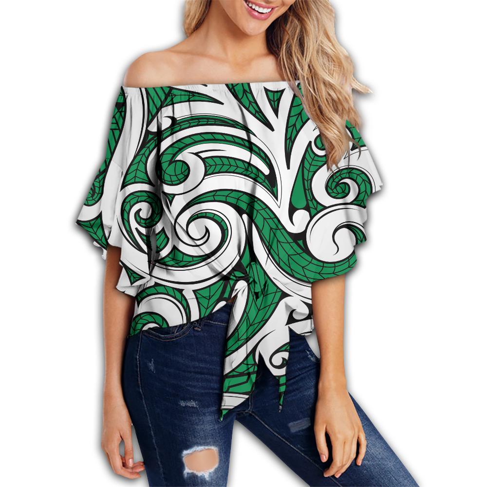 Polynesian Maori Ethnic Ornament Green Hawaii Women's Off Shoulder Wrap Waist Top Green Female - Polynesian Pride