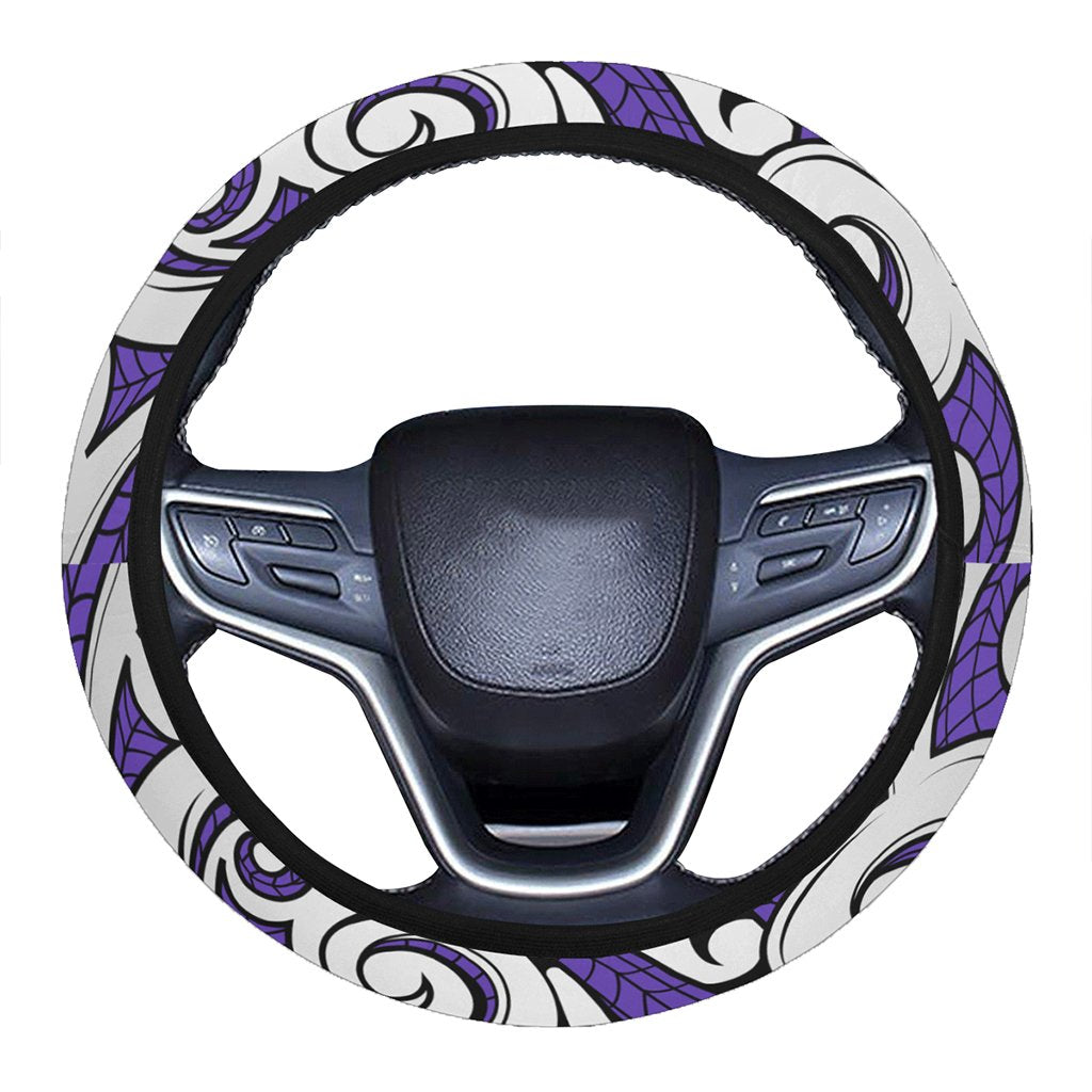 Polynesian Maori Ethnic Ornament Violet Hawaii Steering Wheel Cover with Elastic Edge One Size White Steering Wheel Cover - Polynesian Pride