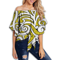 Polynesian Maori Ethnic Ornament Yellow Hawaii Women's Off Shoulder Wrap Waist Top Yellow Female - Polynesian Pride