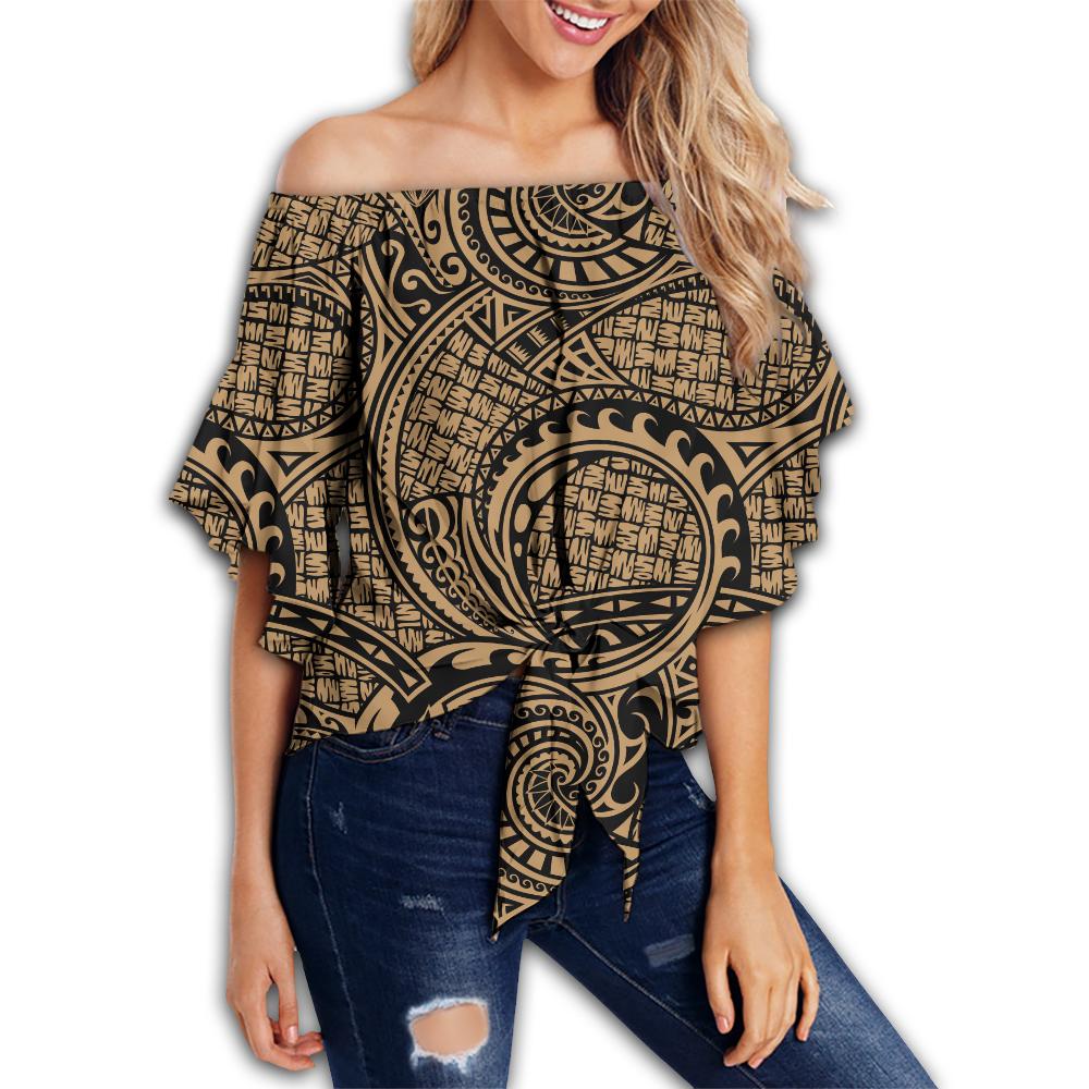 Polynesian Maori Lauhala Gold Hawaii Women's Off Shoulder Wrap Waist Top Gold Female - Polynesian Pride