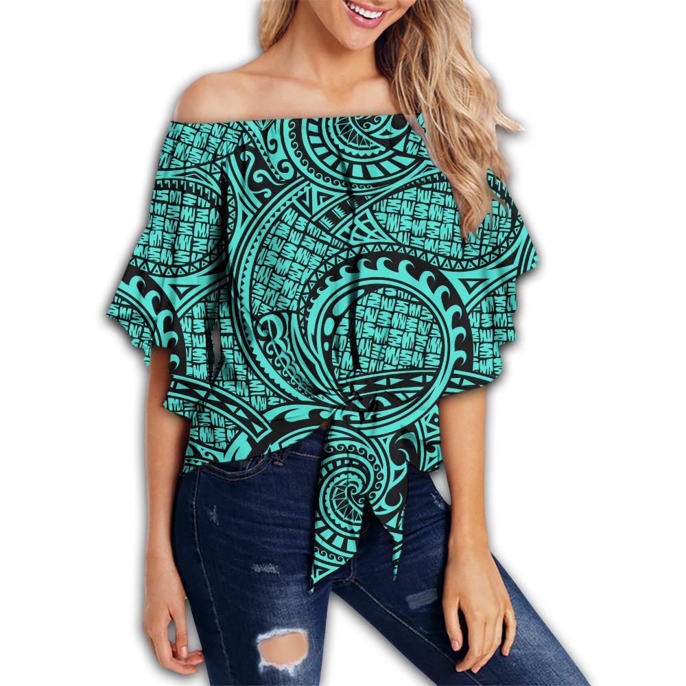 Polynesian Maori Lauhala Turquoise Hawaii Women's Off Shoulder Wrap Waist Top Turquoise Female - Polynesian Pride