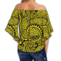 Polynesian Maori Lauhala Yellow Hawaii Women's Off Shoulder Wrap Waist Top - Polynesian Pride