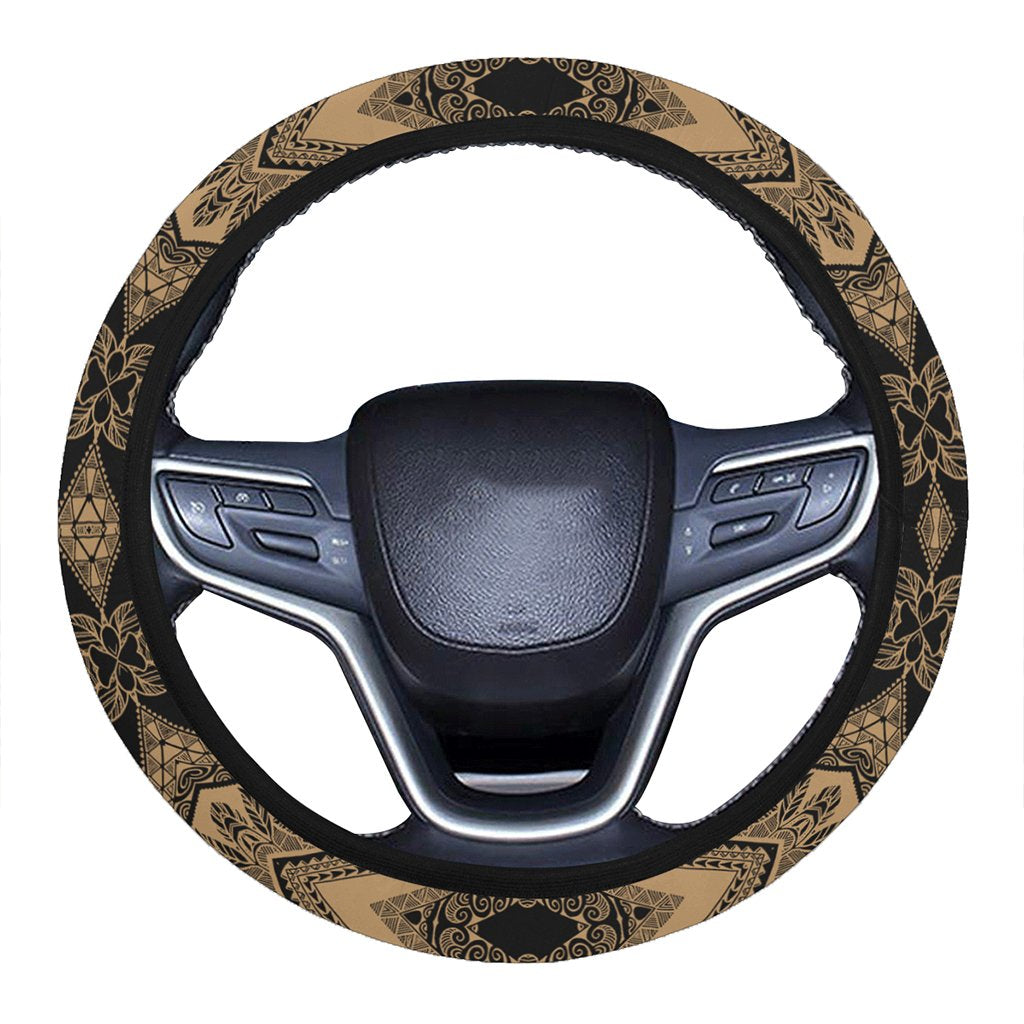 Polynesian Plumeria Mix Gold Black Hawaii Steering Wheel Cover with Elastic Edge One Size Gold Steering Wheel Cover - Polynesian Pride