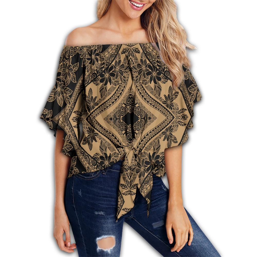 Polynesian Plumeria Mix Gold Black Hawaii Women's Off Shoulder Wrap Waist Top Gold Female - Polynesian Pride