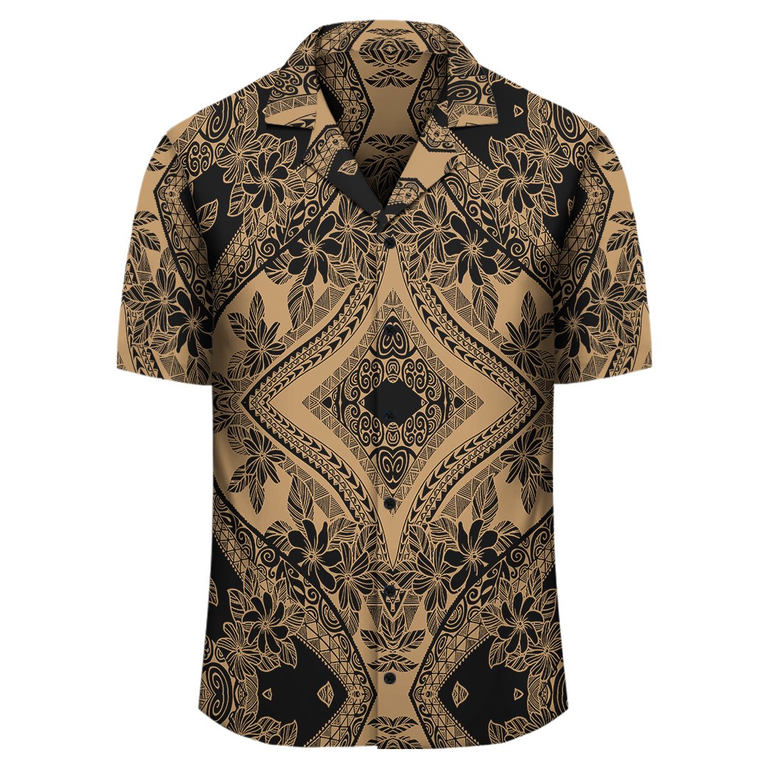 Polynesian Plumeria Mix Gold Black Hawaiian Shirt - Polynesian Pride