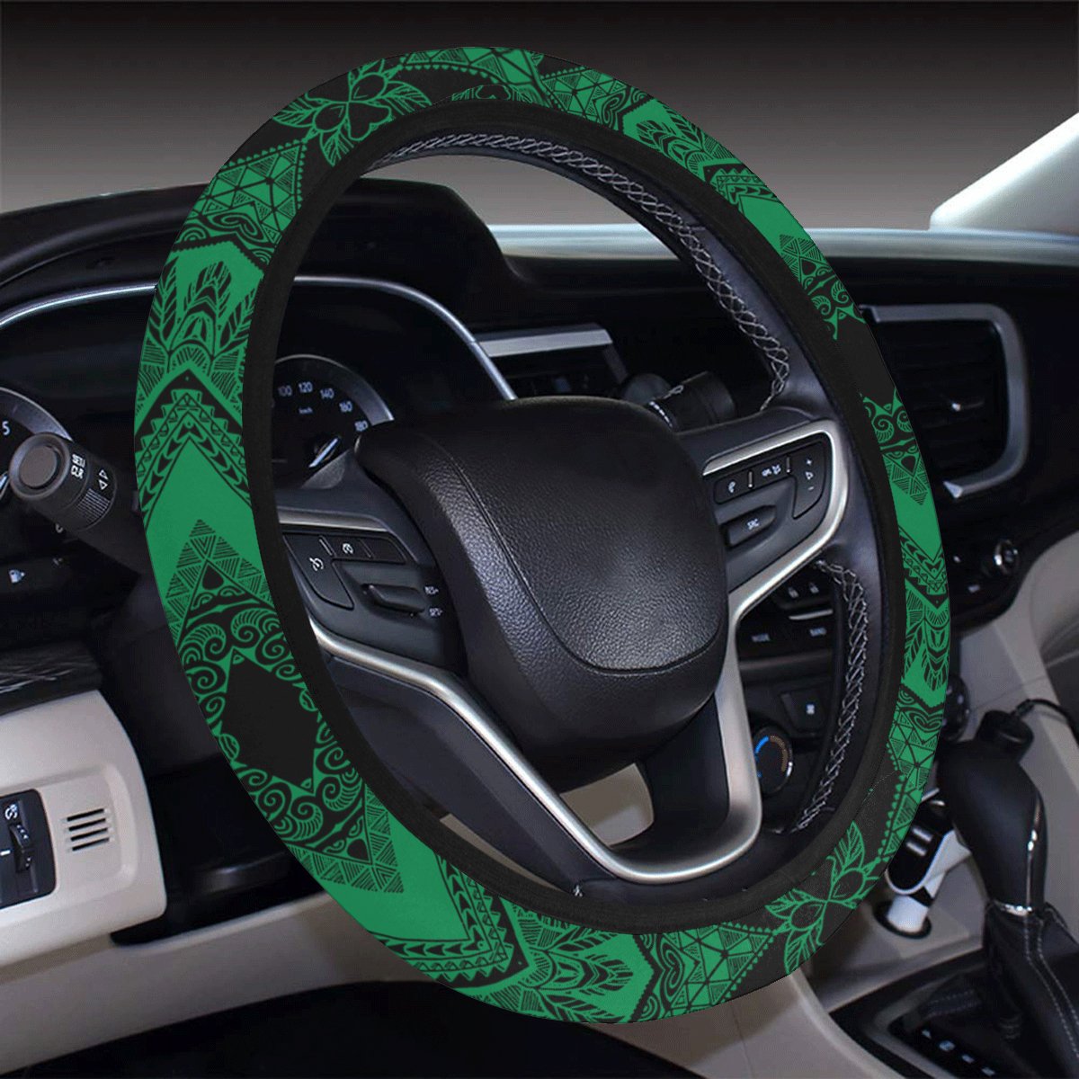 Polynesian Plumeria Mix Green Black Hawaii Steering Wheel Cover with Elastic Edge - Polynesian Pride